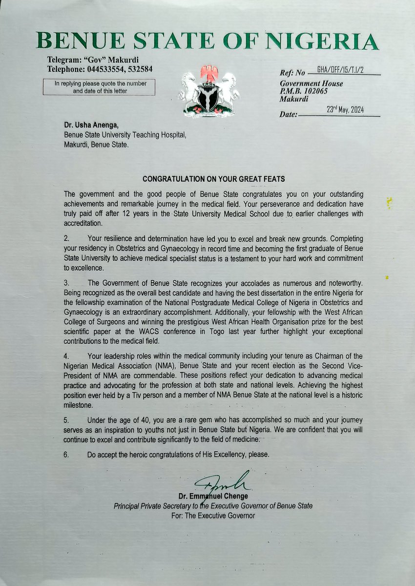 DrAnenga's tweet image. Got this congratulatory letter from my Governor.
Thank you my performing Governor, His Excellency, Rev Fr Dr Hyacinth Alia @HyacinthAlia ✅✅🩷🩷