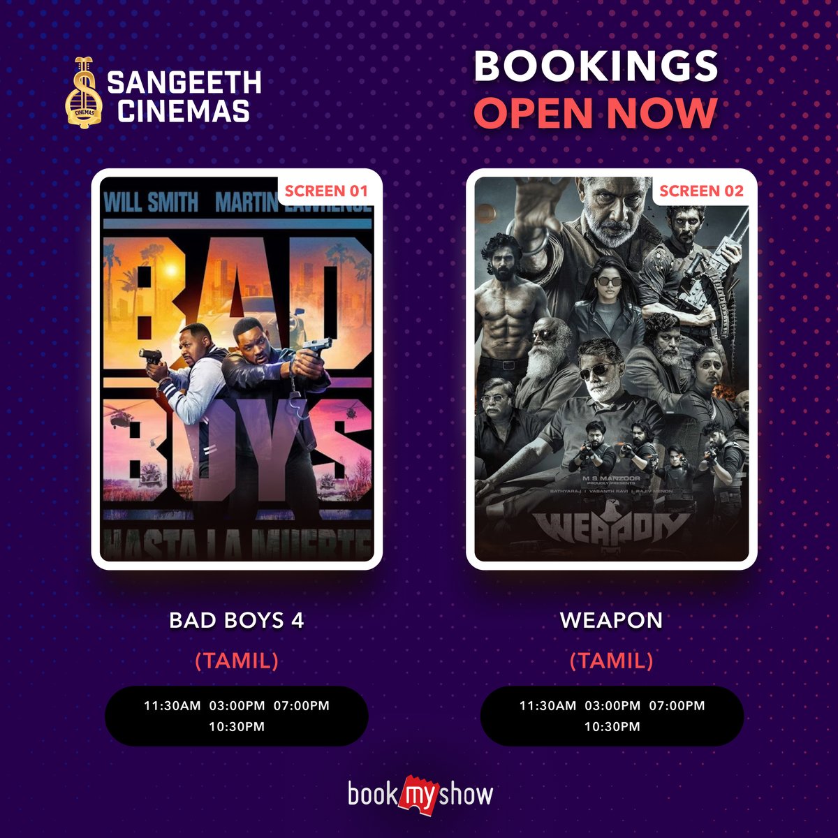 Showing two #movies  
Movie 01 : #Badboys 
Movie 02 : #weapon   

Book Your Seats!!! NOW!!!  

Experience movies impressively in #sangeeth cinemas in #TamilnaduNews