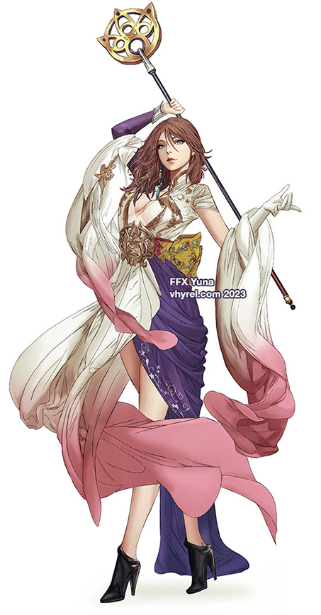 vhyrel's tweet photo. Yuna, Aerith, Fran. #FFX #FFVII #FFXII. [Fran pose/armour inspired by Dual Blade 2, Daeho Cha]. https://t.co/KPI6PRP3Zp