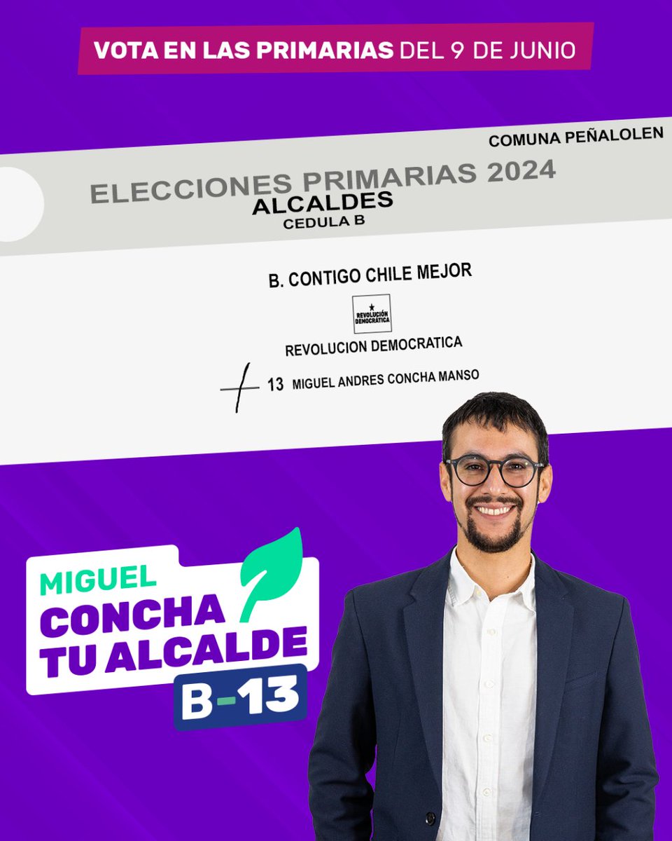 MiguelConcha's tweet photo. 🗳️ Este domingo, al votar, recuerden que tienen que marcar una sola opción. 

📣 Este 9 de junio, vota por la renovación, vota Miguel Concha, vota B-13. https://t.co/oAne6iVLQn