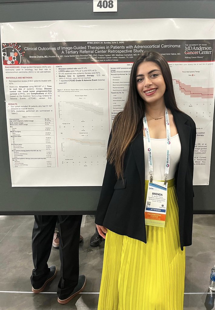 BrendaChahla1's tweet photo. Thrilled to have presented my research on the clinical outcomes of image-guided therapies in patients with adrenocortical carcinoma at #ENDO2024 and honored to have been nominated for the Presidential Poster Award! #Endocrinology #MedicalResearch#ENDO24 https://t.co/AQ2GvdZGya