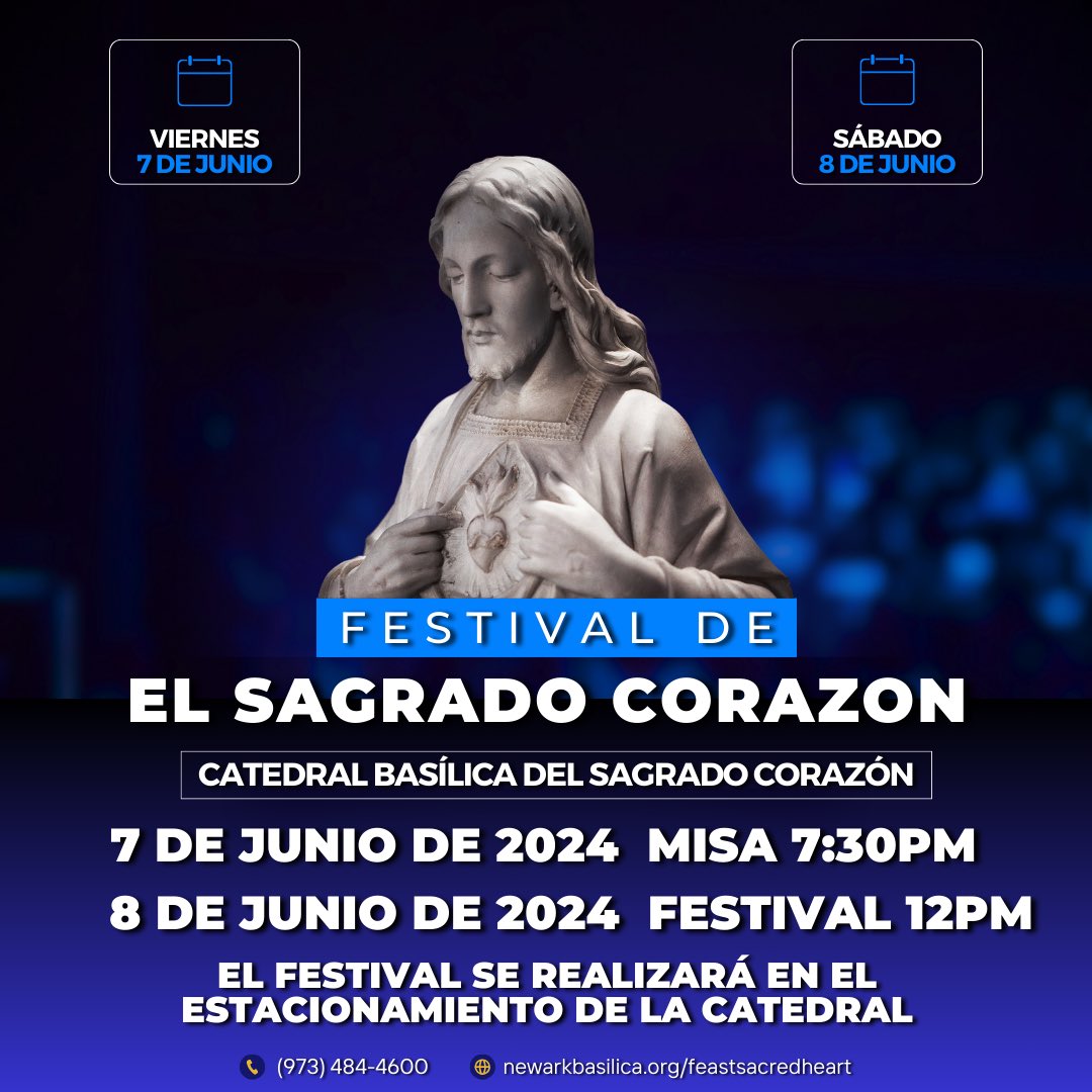Join us this Friday, June 7th, as we celebrate the Solemnity of the Most Sacred Heart of Jesus with mass at 7:30 PM. 

On Saturday, June 8th, we’ll have a parish festival featuring multicultural dishes reflecting the ethnic backgrounds of our parish!

#festivalofthesacredheart