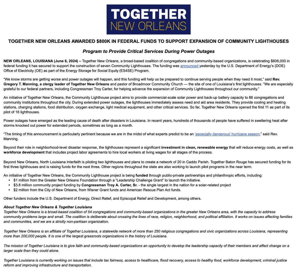 Together New Orleans secures $806,000 in federal funding to support the construction of seven Community Lighthouses. The funding was announced yesterday by the U.S. Department of Energy’s Office of Electricity (OE) as part of the Energy Storage for Social Equity (ES4SE) Program.