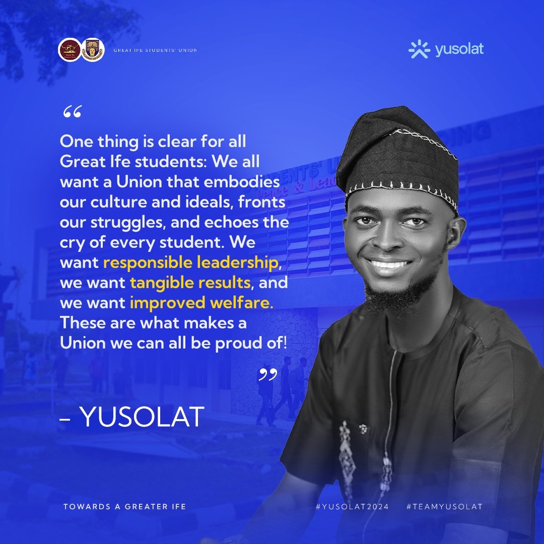 Iamyusolat's tweet image. 🗣️ YUSOLAT SPEAKS
Join us on this journey as we present our comprehensive vision for a Greater Ife. 
Every week, we'll share key excerpts from Yusolat's manifesto, highlighting our commitment to building a Union that works for every student.