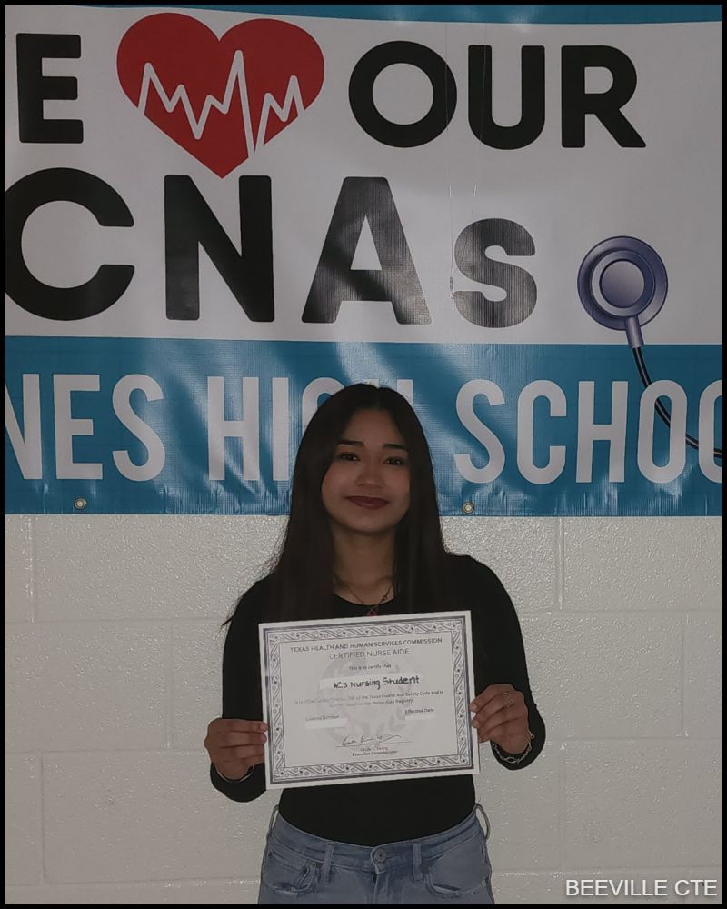 Beeville CTE Nursing student Laci passed the Texas Department of Aging and Disability Services Certified Nurse Aide industry exam and practical during the 2023-24 school year!  Congratulations on your success and this important step toward your future!