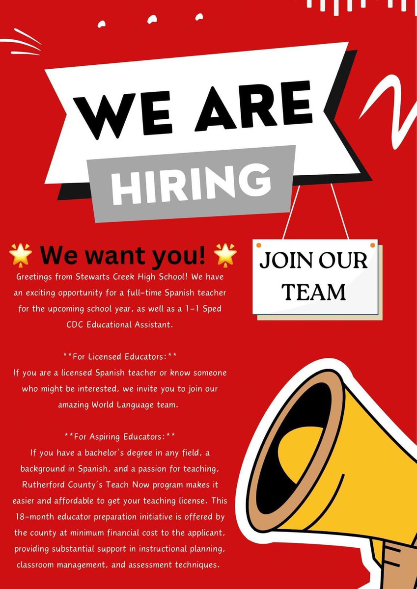 We are hiring! For Spanish and Special Education EA! Email Mrs. Hall or Mr. Lawrence if you’re interested!