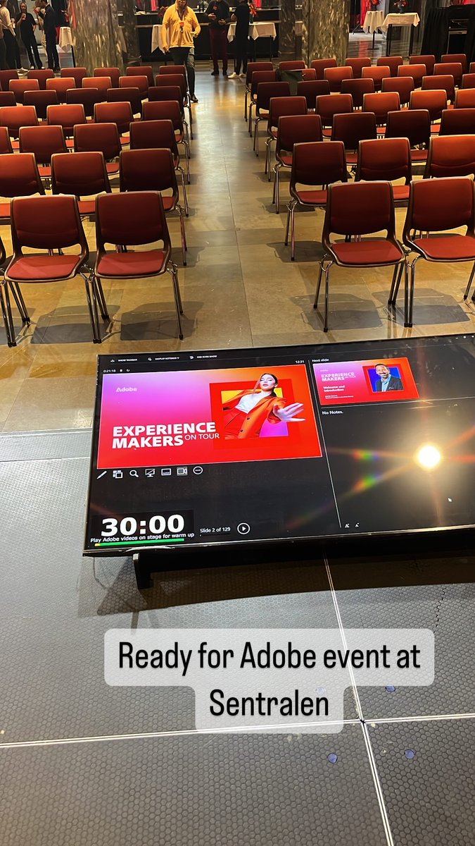 Mortenbrekkes's tweet photo. Today @Adobe visited #Sentralen to talk about some of their latest news. I was there to make sure that content was shown on the projector, and provide the timer.
In these jobs, I never pay too close attention to the content on the stage, but what I can say is this: If you want to be serious about creating thumbnails for social media-posts, Figma is your friend. With the help of AI and a large pool of legal stock-images they use for training LLMs, you can create interesting images very easily. At least the result will be much better than trying to prompt something with Dalle and ChatGPT, which I have tried with mixed results.
In my latest AV-jobs I have used the newest alpha-version of CueTimer 3.1 from @pretools which is still not made public. Here we will have 3 new features:
1. the presenter window
2. traffic light countdown
3. configurable list
I will come back to 1 and 2, but a couple of words about the configurable list: This allows you to create custom columns with info, hide columns, and shuffle the columns in any order you like. Then you can view the timer-list exactly how you want it, and turn it into a full event-schedule. Today I added the "comment" column which gave some important cues about each segment. And I can hide some columns I rarely change anyway, like "alert" (new name for warning), counter and speed. I could use the CueTimer timer-list as the event-schedule, and I didn't need to watch the original schedule-document, saving valuable space at FOH.
CueTimer 3.1 for Mac works fine for me, but there is still some work to be done before we can present it in public. Also, for the PC-version we are still finalising the new version of APS with the media-player, so it will take some time before the PC-version of CueTimer catches up. Hopefully we will release something new for CueTimer during the summer.