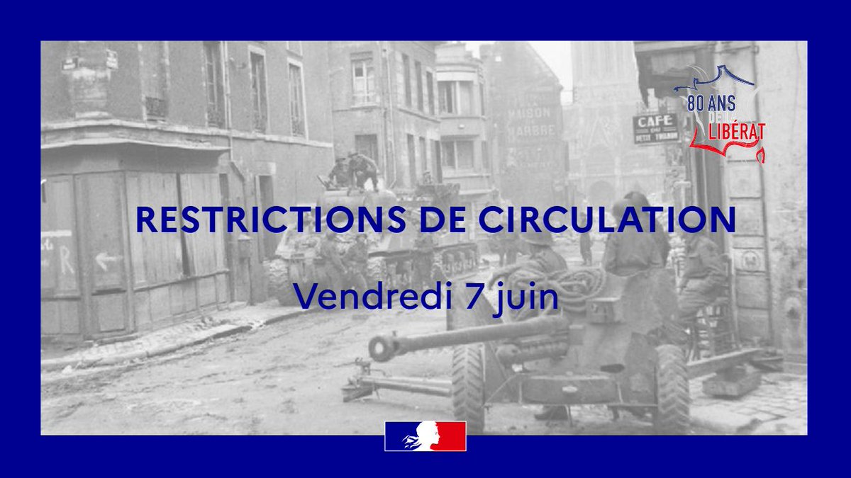 #DDay80 [RESTRICTIONS DE CIRCULATION]

Durant la journée du 7 juin de 12h à 19h, les axes suivants seront fermés à la circulation :

➡️ La D517 de Formigny à Colleville-sur-mer, dans les deux sens de circulation entre la sortie "Trévières - Omaha Beach" et le carrefour giratoire