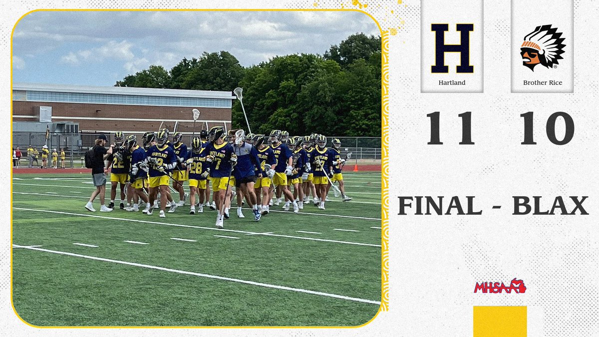 And then there were 2! <a href="/HartlandBoysLax/">Hartland Lacrosse</a> defeats Brother Rice 11-10 to advance to the state championship game on Saturday vs CC. Nate Anderer had 19 saves to lead a strong defensive effort.