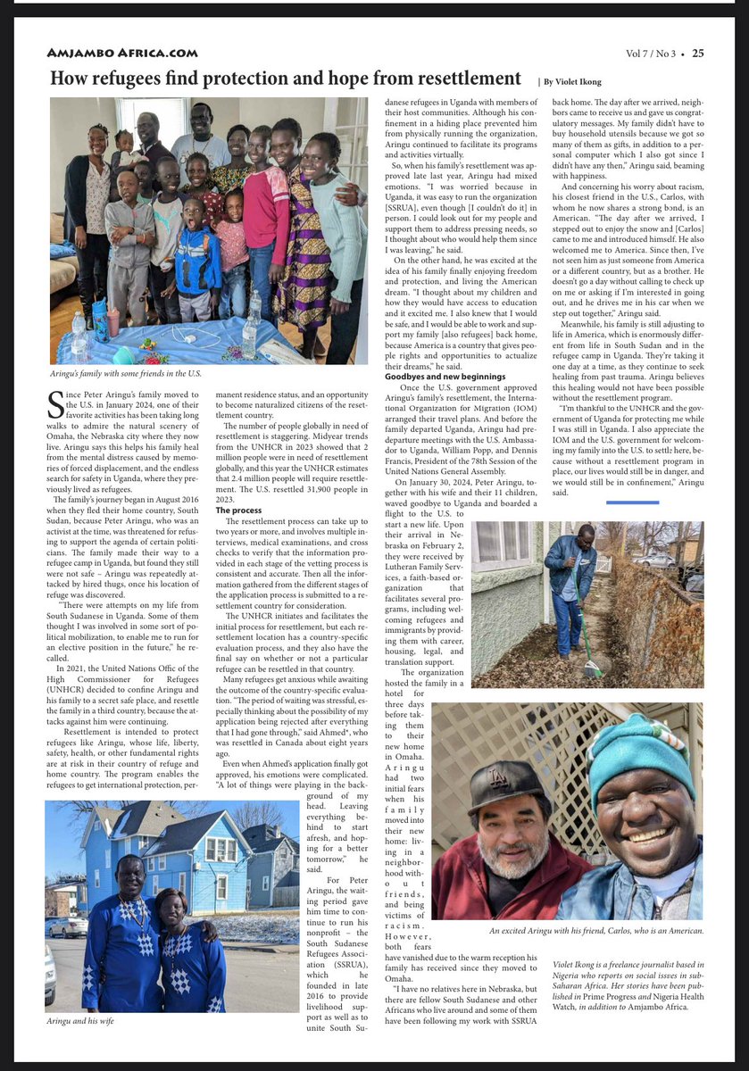 My story this month is about the resettlement program of <a href="/Refugees/">UNHCR, the UN Refugee Agency</a> which is designed to protect refugees who have lost the protection of their home country and country of asylum. I got all emotional while interviewing resettled refugees.
The story isn't available online yet.