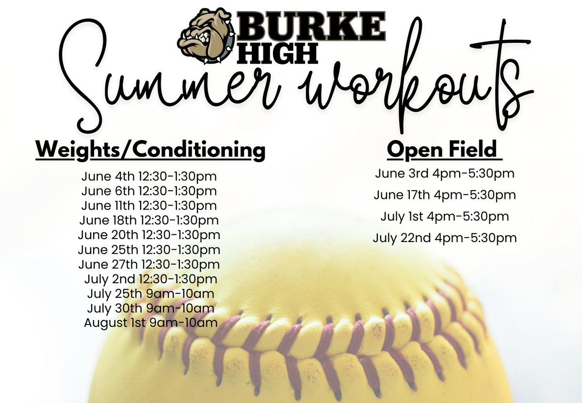 ‼️ Burke Softball Summer Workouts have started! ‼️

We would love to see all incoming freshman-seniors interested in softball to join us! Check out our schedule below. 🥎