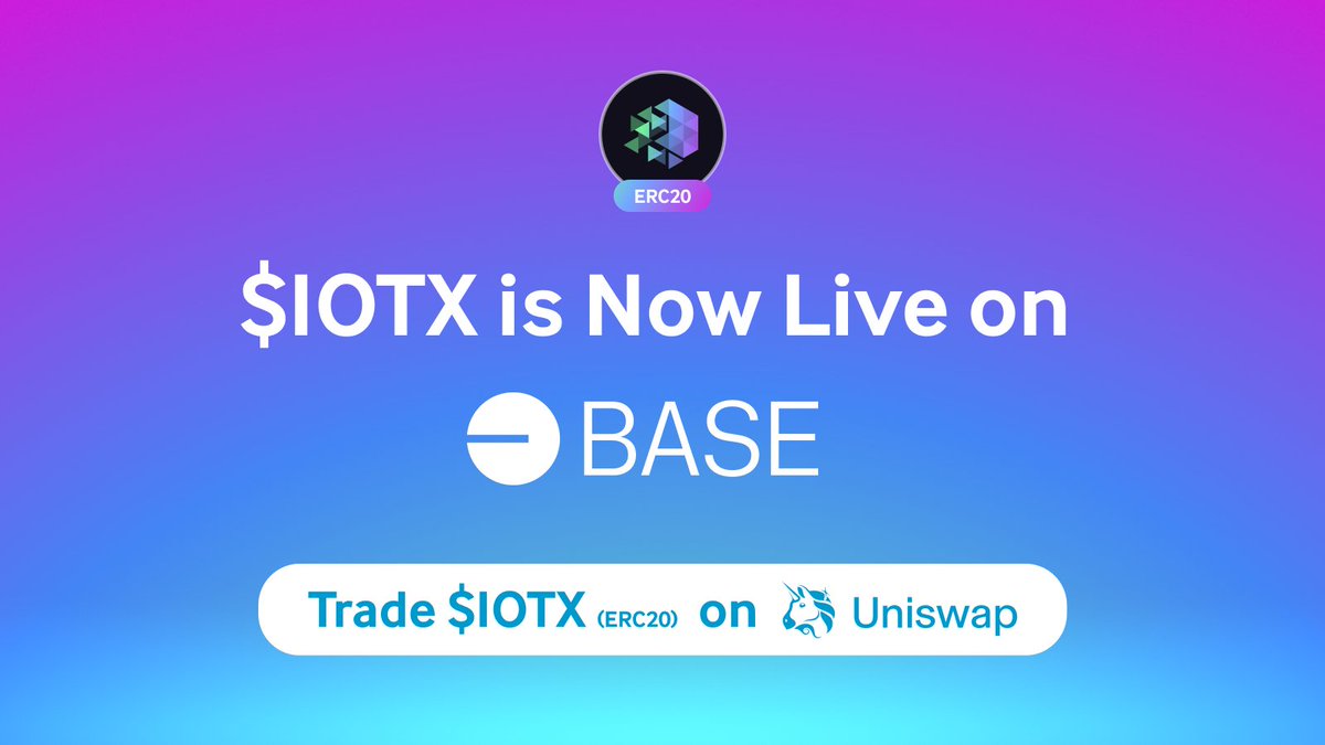 IOTX-ERC20 is now live on <a href="/base/">Base</a>. 🔥

Anyone can bridge their IOTX-ERC20 from Ethereum to Base and trade $IOTX on <a href="/Uniswap/">Uniswap Labs 🦄</a>.

With enhanced interoperability, DePIN's powerhouse token is now more versatile than ever.