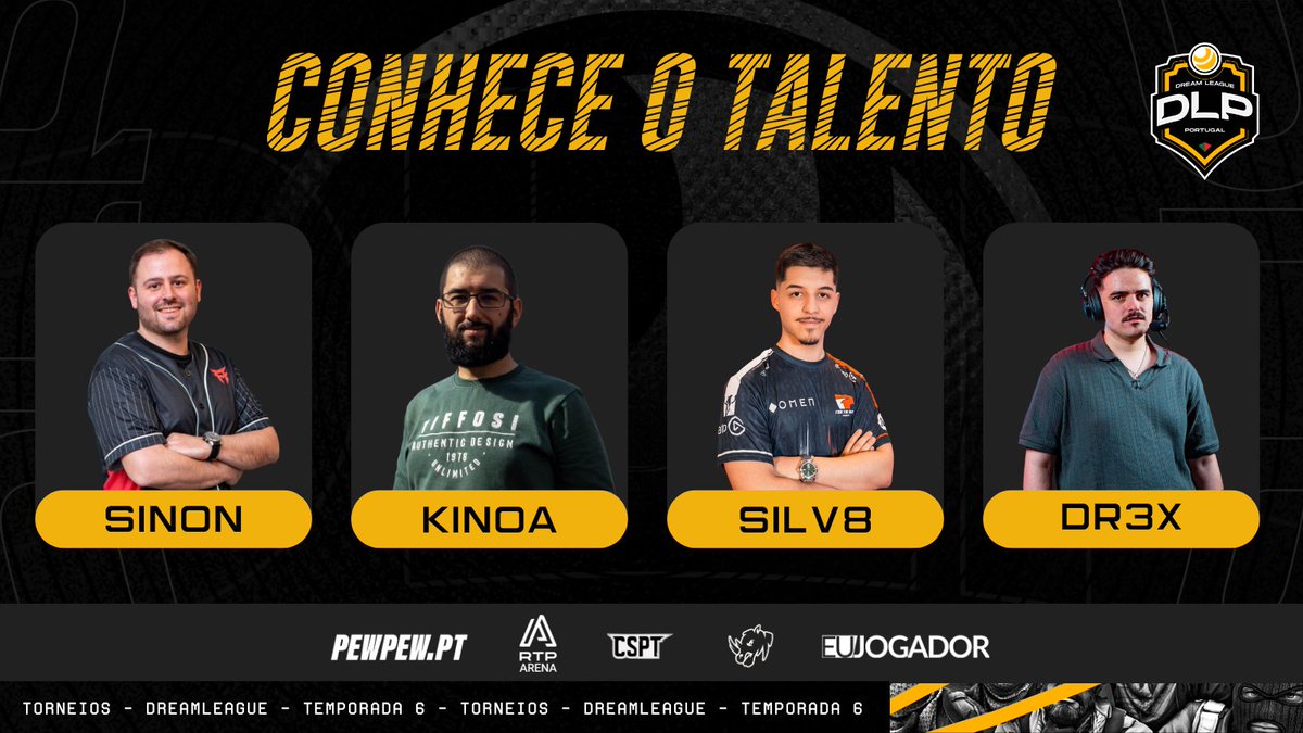 Este é o talento que te vai acompanhar na Temporada 6 da Dream League Portugal! 😎

🎙️ <a href="/sinon__cs/">Sínon</a> 
🎙️ <a href="/kinoa13_/">Alexandre 'kinoa' Pereira</a> 
🎙️ <a href="/silv8casts/">silv8🎙</a> 
🎙️ @ODr3x 

<a href="/fromPewPew/">PEW PEW ®</a> | <a href="/rtparena/">RTP Arena</a> | <a href="/CSPortugues/">CSPortugues 🇵🇹</a> | <a href="/RhynoEsports_/">Rhyno Esports</a> | <a href="/EuJogador/">EuJogador</a> 

#ViveOTeuSonho