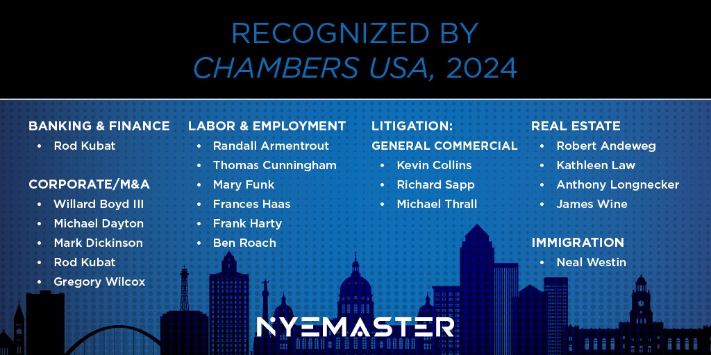 Congratulations to the 19 Nyemaster attorneys ranked in the Chambers USA Legal Guide 2024. Chambers also ranked four Nyemaster practice areas Band 1 in Iowa: Corporate/M&amp;A, Labor &amp; Employment, Litigation: General Commercial, and Real Estate.
nyemaster.com/.../chambers-u…