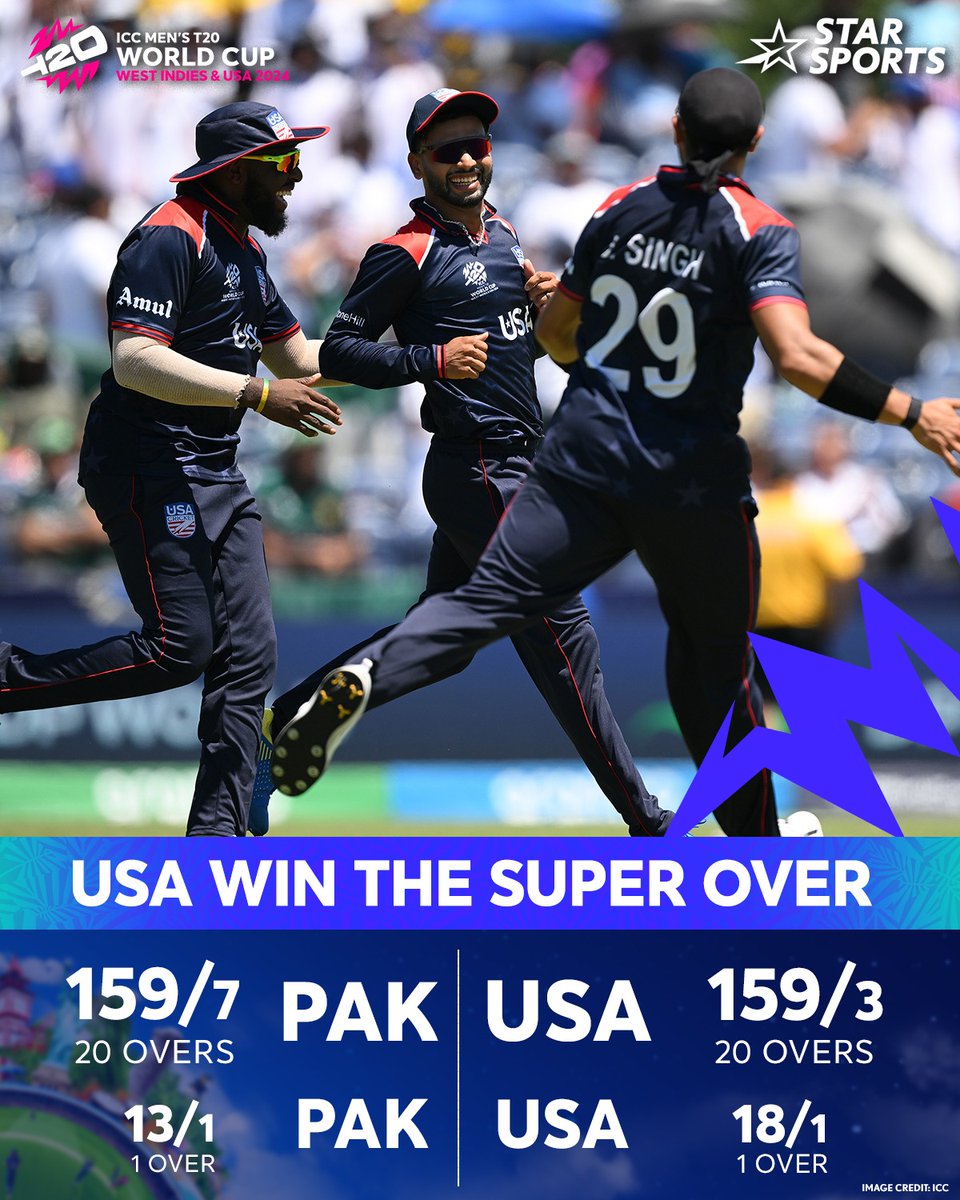 StarSportsIndia's tweet photo. 𝐀. 𝐇𝐈𝐒𝐓𝐎𝐑𝐈𝐂. 𝐖𝐈𝐍. 🇺🇸

The co-hosts, USA have delivered the first major upset of #T20WorldCup2024!

Next up: #CANvIRE | TODAY, 8 PM | #T20WorldCupOnStar https://t.co/iPdRGnbgqc