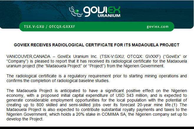 quakes99's tweet photo. Breaking!⚡️ GoviEx #Uranium (TSXV: $GXU OTC: $GVXXF) has received its radiological certificate for the Madaouela Uranium mine project from the Government of #Niger🇳🇪🧾⚛️⛏️✅ which allows GoviEx to start #mining operations.🏭🧑‍🏭🤠🐂 #Nuclear @GoviExUranium 
https://t.co/ie8fuV2N3q https://t.co/XheL2appqA