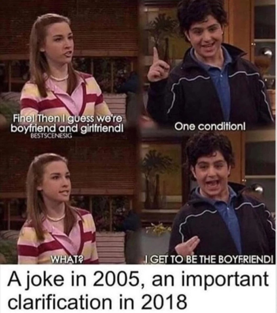 VZNexplain's tweet photo. Back in 2005, it was obvious the boy would be the boyfriend, so it was a silly joke indicating he's a bit of a geek. In 2024 due to current year identity politics, the meme is implying that this would no longer be a joke but a required statement or request.

#ExplainTheMeme $VZN https://t.co/QbFmzo2aZS