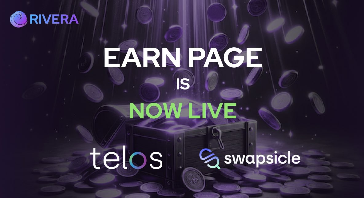 Rivera's Earn Page is officially LIVE! 💸 

This is your chance to maximise your earnings by putting your Rivera Yield tokens to work! 📈

Stake them to earn a juicy % of TLOS <a href="/HelloTelos/">Telos</a>, SLUSH @SwapsicleDEX
and xRIV tokens! 🎁

Get started here ⬇️:
app.rivera.money/#/earn
