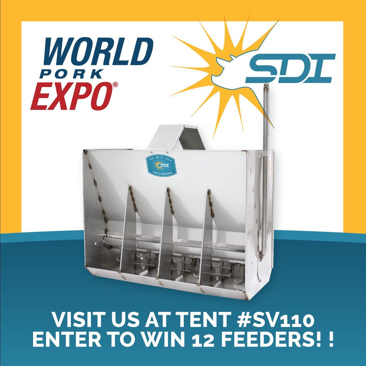 Time's running out! Visit SDI at tent #SV110 during World Pork Expo this afternoon to enter to win (12) 48-inch wean-to-finish wet-dry feeders (or equivalent for your barn) OR 1 set of curtain pockets and 2 stainless steel double boot unloaders! Hog Tested. Farmer Approved.