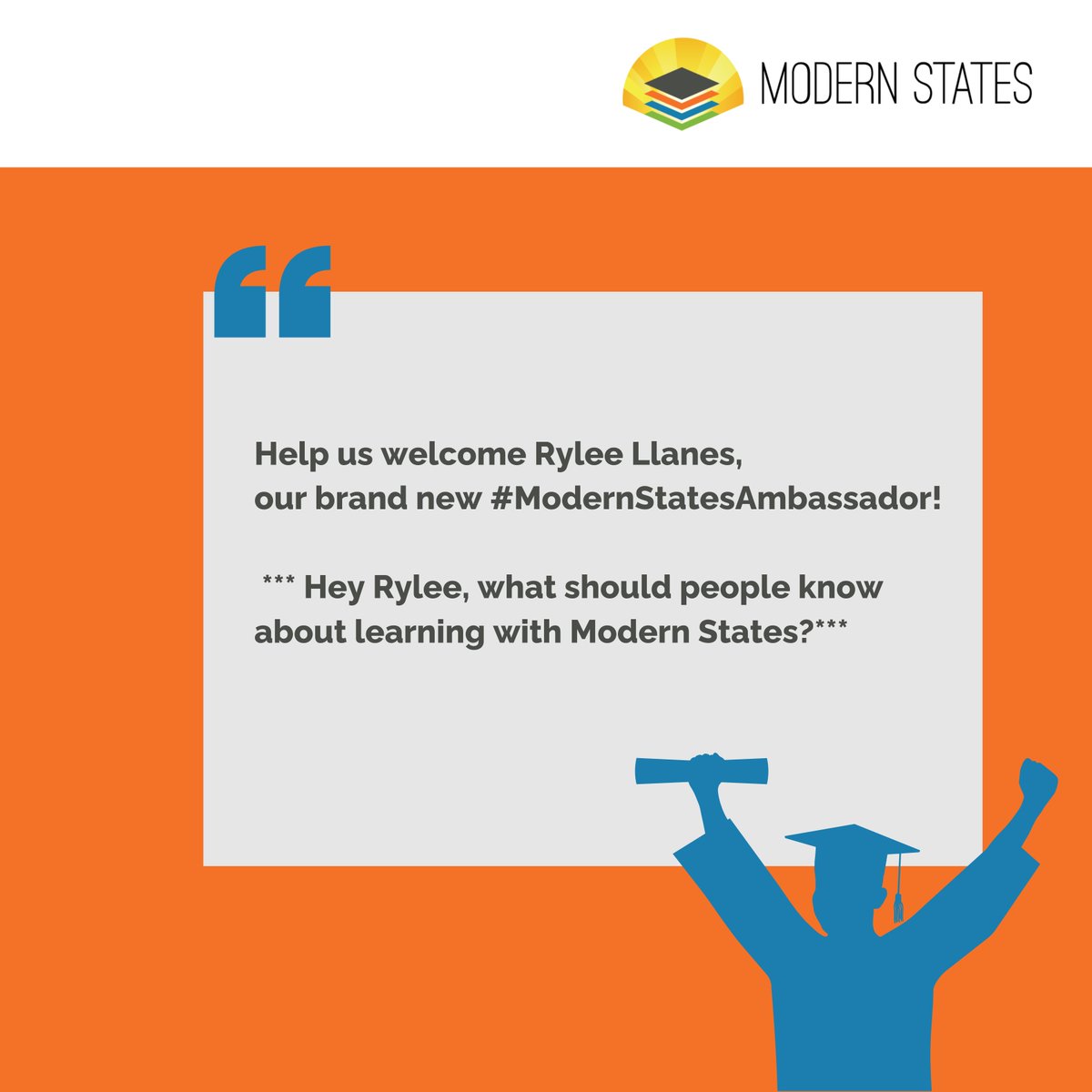 modernstatesed's tweet image. Excited to welcome Rylee Llanes as our newest Modern States Ambassador! Her passion for an affordable higher education aligns exactly with our mission of an accessible and affordable college education for all. #ModernStatesAmbassador #ModernStates #CollegeForAll