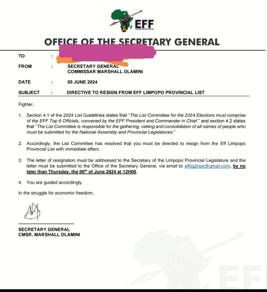 Breaking News: 64 EFF members have been served with 'Ask to resign letter' as Julius Malema is busy restructuring the list.  They are asked to resign and send drafted resignation letters. All they must do is put an ink on it😂😂🤣 including CCT members!

Ha nyewe 🇿🇦💃💀
Xoxoxo
