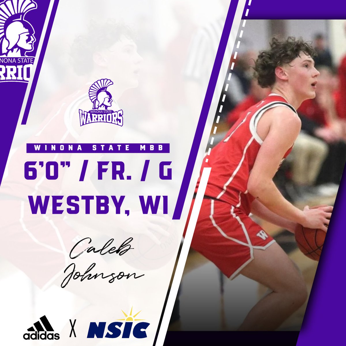 Introducing the 2024 MBB recruiting class 🖊️
Caleb Johnson / 6’0” / G / Westby, WI   
▫️1st Team All-Coulee Conference  
▫️D4 All State Honorable Mention  
▫️Honorable Mention La Crosse Tribune Team