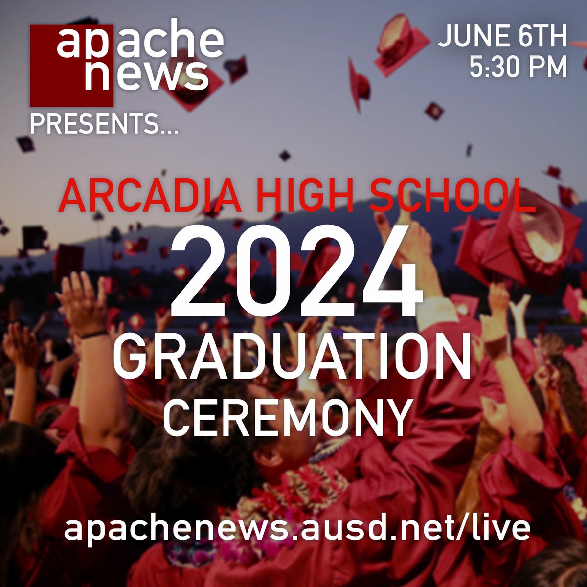 Arcadia High School Graduation 👩🏽‍🎓 is tonight starting at 6:30 at Santa Anita Park 🐎! The live stream will begin an hour before. Congrats 🎉 to the Class of 2024!