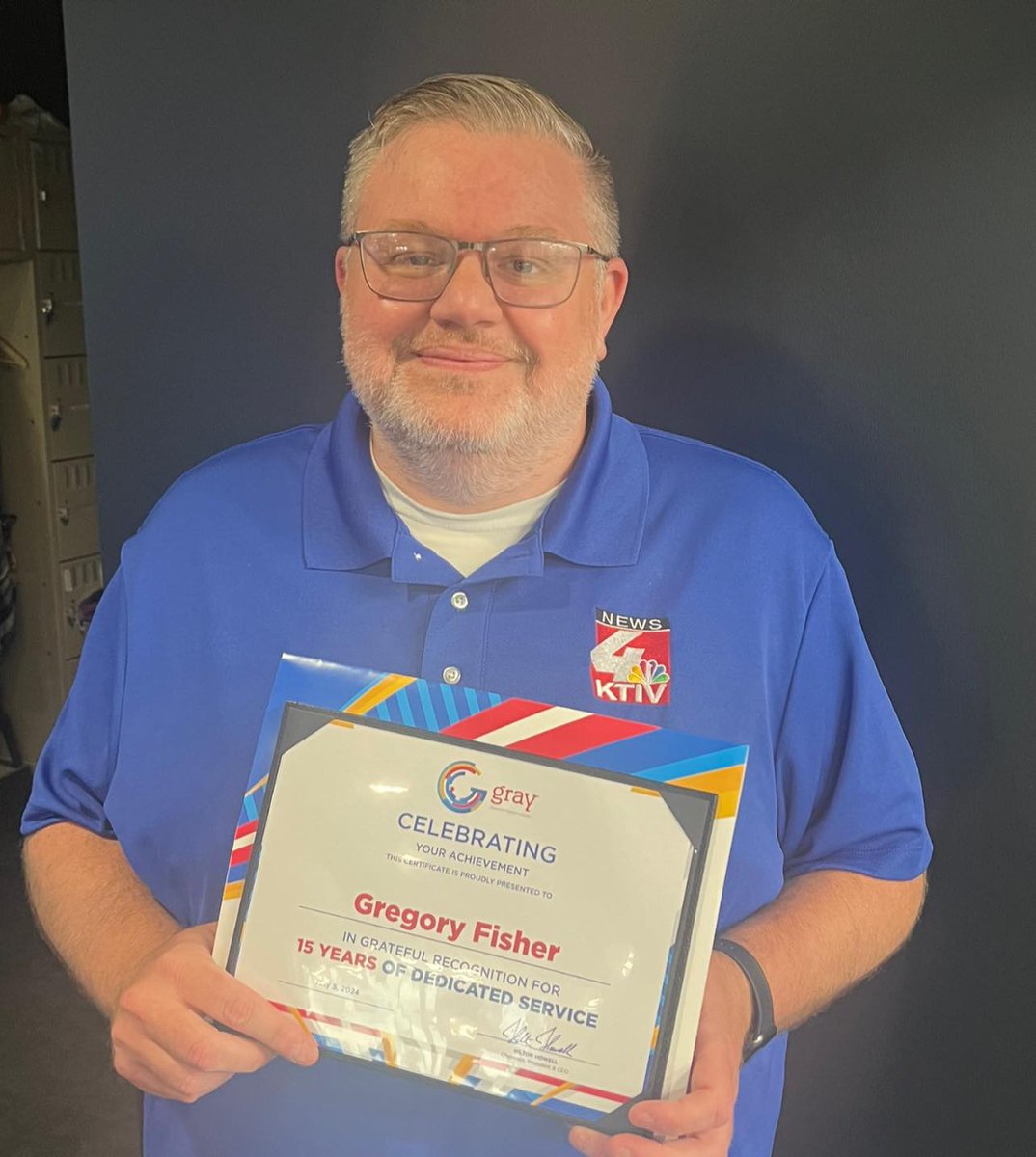 👏  Congratulations to Greg Fisher, from <a href="/KTIVNews/">KTIV News Four</a>, for celebrating his 15-year work anniversary! Thank you for 15 years of dedicated service, Greg! #GrayProud