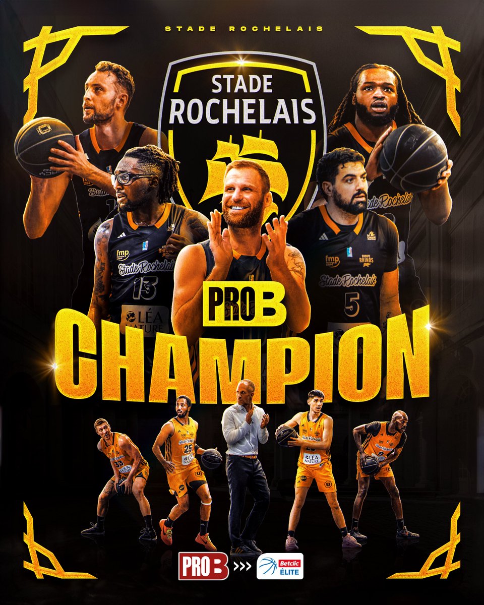 Betclic_ELITE's tweet photo. 🏆🇫🇷 C'EST FAIT, LA ROCHELLE EST CHAMPION DE FRANCE DE #PROB !  

Pour la première fois de son histoire, le Stade Rochelais évoluera au plus haut niveau du basket français la saison prochaine 🔥  

#FinalesPROB https://t.co/iXn85Ntoqp