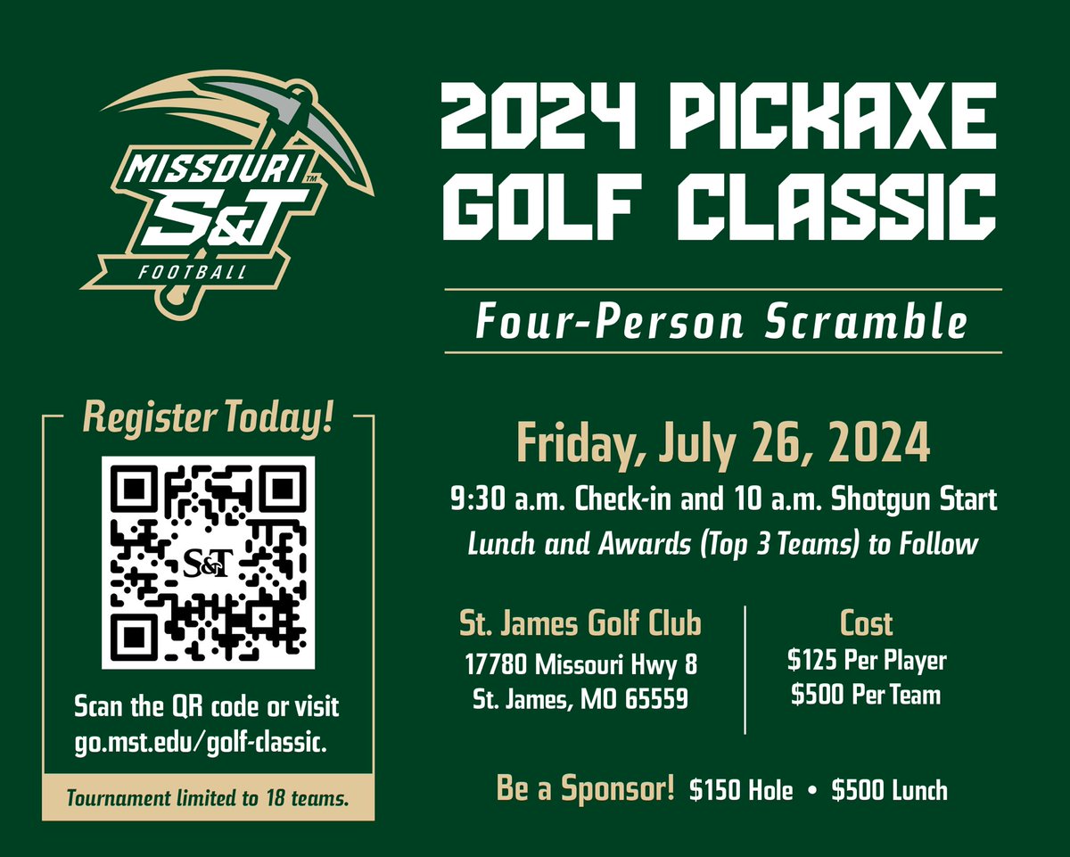 The date is set!

We can’t wait for the annual Pickaxe Golf Classic ⛏️

Sign up with the below link or QR code:
go.mst.edu/golf-classic

#PickAxeTakeNames | #MinerPride