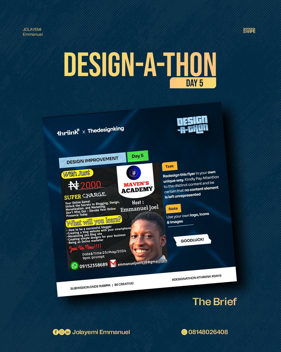 _jolemz's tweet photo. Day 5 of the design challenge is a wrap! I'd love to hear from you - what do you think of my design? Comment below! Also, DM me for your design needs
#thriink
#designathon
#designimprovement
#day5 https://t.co/aszvFgm0PZ