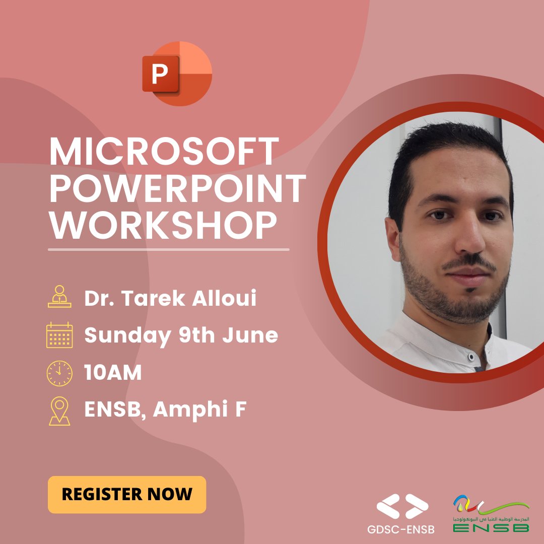 GDSC_ENSB's tweet photo. Unlock the full potential of your presentations by joining Our PowerPoint mastery workshop 🤩 !

Register now ➡️ https://t.co/O5cMpNJapt
 
PS: Laptop is mandatory 💻

#Google #GoogleDevelopers  #GoogleDeveloperStudentClubs
#DeveloperStudentClubs #GDSCMENA #GDSC #PowerPoint https://t.co/bvXr5w1d95