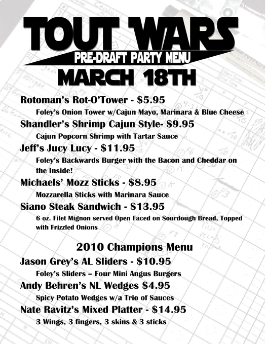 and here's the first ever <a href="/ToutWars/">Tout Wars</a> party Foley's menu. (no, this isn't in the book, no pictures in book)