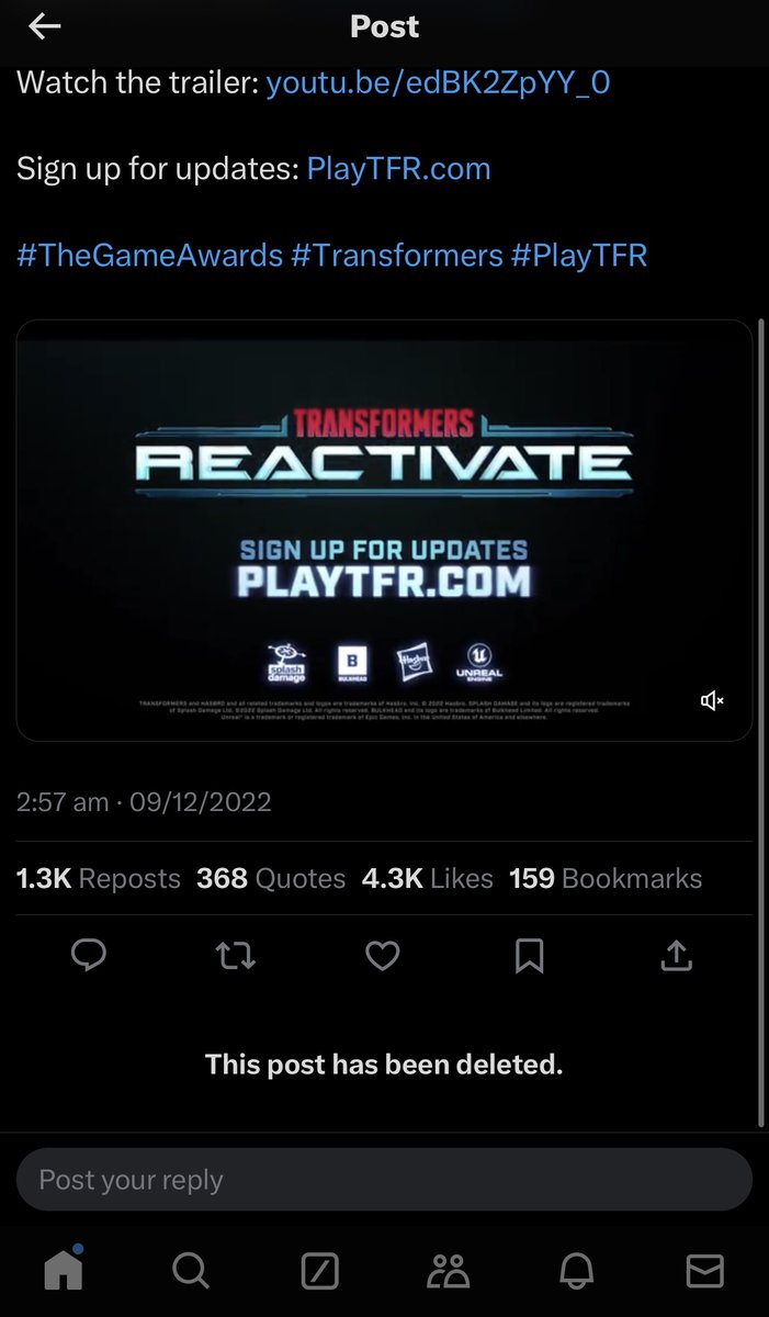 TFRArchive's tweet photo. THE ANNOUNCEMENT TWEET HAS BEEN DELETED, THE SITE HAS BEEN UPDATED TO REMOVE THE WATCH TRAILER BUTTON, AND THE ORIGINAL TRAILER HAS BEEN UNLISTED FROM THE #PLAYTFR CHANNEL.
STAY TUNED FOR SUMMER GAMES FEST TOMORROW WE MIGHT ACTUALLY BE BACK. https://t.co/1UMg4QUWme