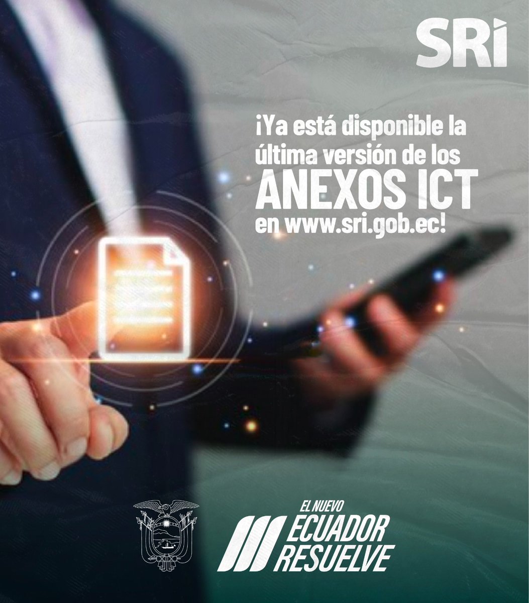 SRIoficialEc's tweet photo. 🟢 ¡Habilitado!

Si eres una sociedad, ya puedes acceder al nuevo formato de los anexos del Informe de Cumplimiento Tributario #ICT 📑, del ejercicio fiscal 2023 que debe presentarse en julio de acuerdo con el noveno dígito del #RUC.

Conoce más en https://t.co/2L5rQ1LAUS https://t.co/gbkycu8gjf