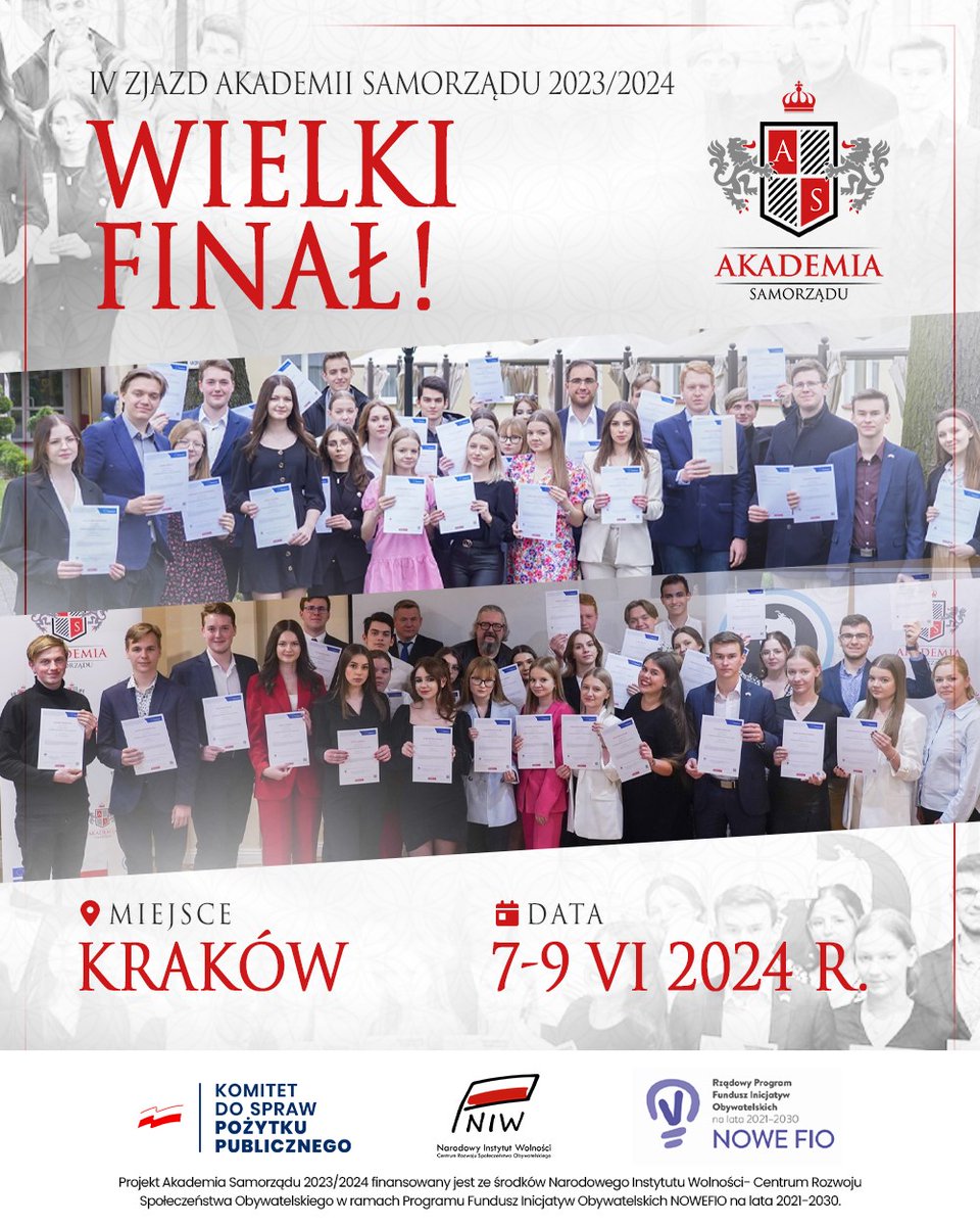 CWGfundacja's tweet photo. Odliczanie czas zacząć! Już tylko 1 dzień został do początku IV zjazdu, a tym samym Wielkiego Finału Akademii Samorządu! Za nami już trzy zjazdy, czwarty rozpocznie się jutro czyli 7 czerwca i potrwa do niedzieli, 9 czerwca.  Po tematach: media, samorząd i organizacje pozarządowe, tym razem projekt organizowany przez naszą fundację skoncentruje się na gospodarce.  Podsumujemy także całą edycję, będziemy pracować nad Raportem końcowym oraz wręczymy pamiątkowe dyplomy!

Do zobaczenia w Krakowie!
---
Projekt Akademia Samorządu 2023/2024 finansowany jest ze środków @niwcrso  w ramach Programu Fundusz Inicjatyw Obywatelskich NOWEFIO na lata 2021-2030.