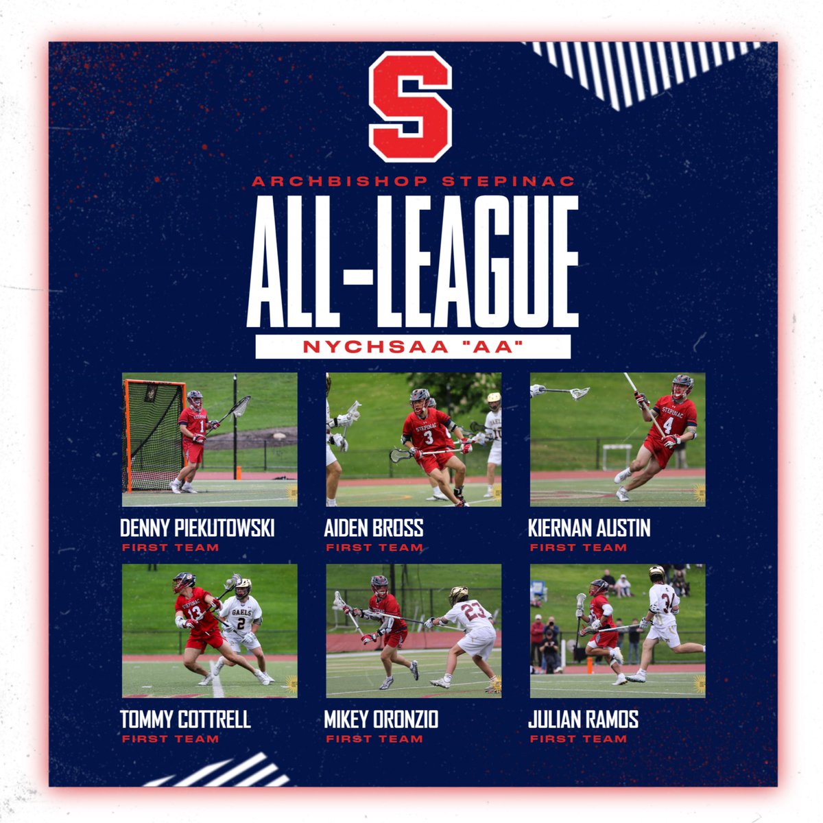 StepinacLax's tweet photo. Congratulations to our All-League recipients!

1st Team:
-Denny Piekutowski ‘24
-Aiden Bross ‘24
-Kiernan Austin ‘26
-Tommy Cottrell ‘24
-Mikey Oronzio ‘24
-Julian Ramos ‘25

2nd Team:
-Finn Feighan ‘25
-Matt Hanley ‘24
-Luke Fehsal ‘27

#NacNation @LoHudLacrosse https://t.co/O4OTfHiJTl