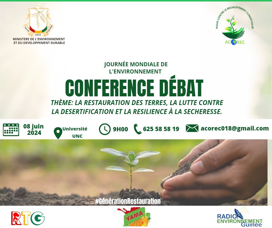 ACORECGN's tweet photo. Nous vous invitons à prendre part à la conférence débat que nous organisons à l'occasion de la célébration de la journée mondiale de l'environnement.
📆 8 juin 2024 à l'UNC à partir de 9h 00.
#ACOREC #UnAnniversaireUnArbre #GénérationRestauration #JournéeMondialeDelEnvironnement https://t.co/eNz0Pjvlwe