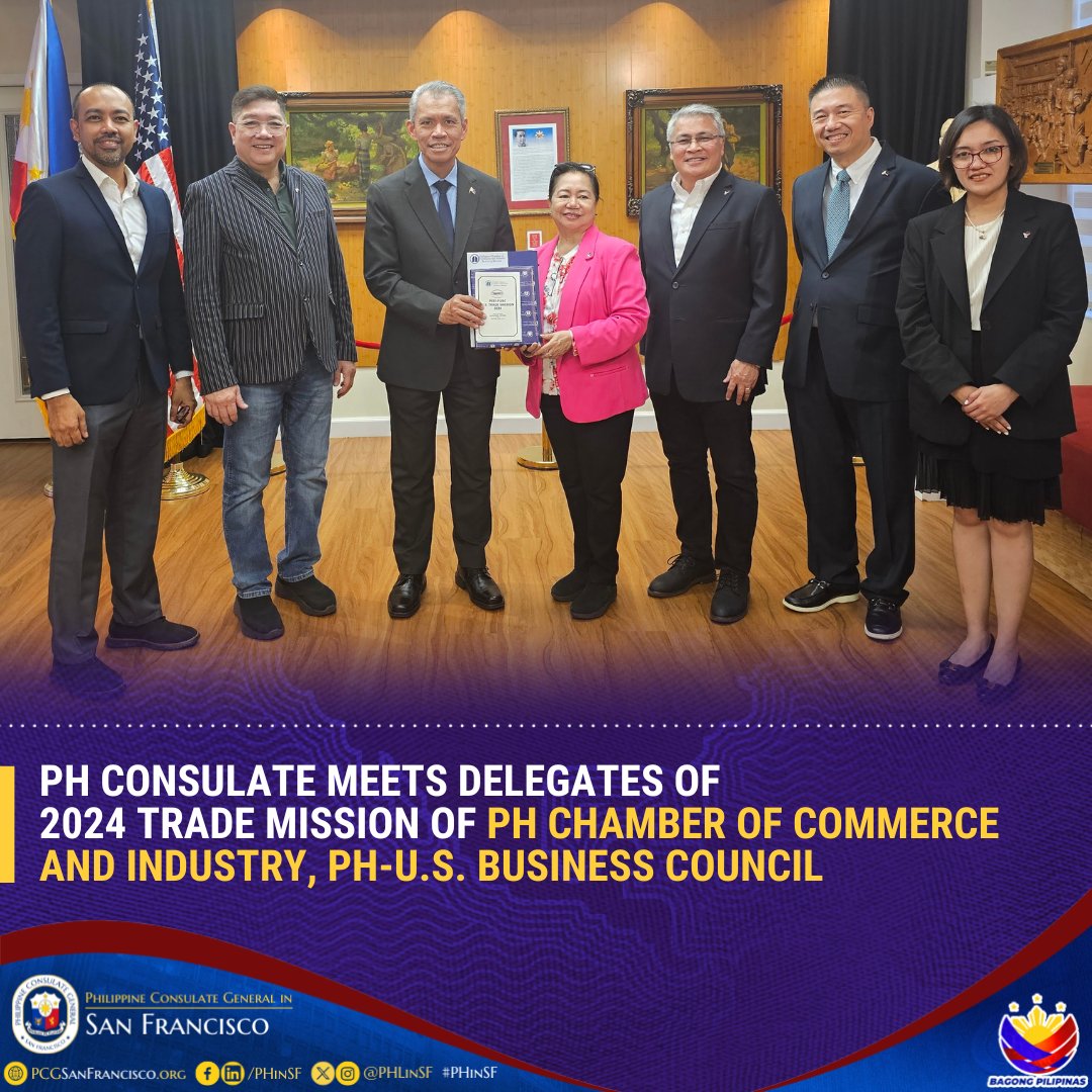 The delegation, participating in the 2024 Trade Mission of <a href="/phil_chamber/">Philippine Chamber of Commerce and Industry</a> and the Philippines-U.S. Business Council, is visiting #SanFrancisco to explore collaboration and business opportunities with U.S. counterparts.

READ: pcgsanfrancisco.org/philippine-con…

#EconomicDiplomacy
#PHinSF