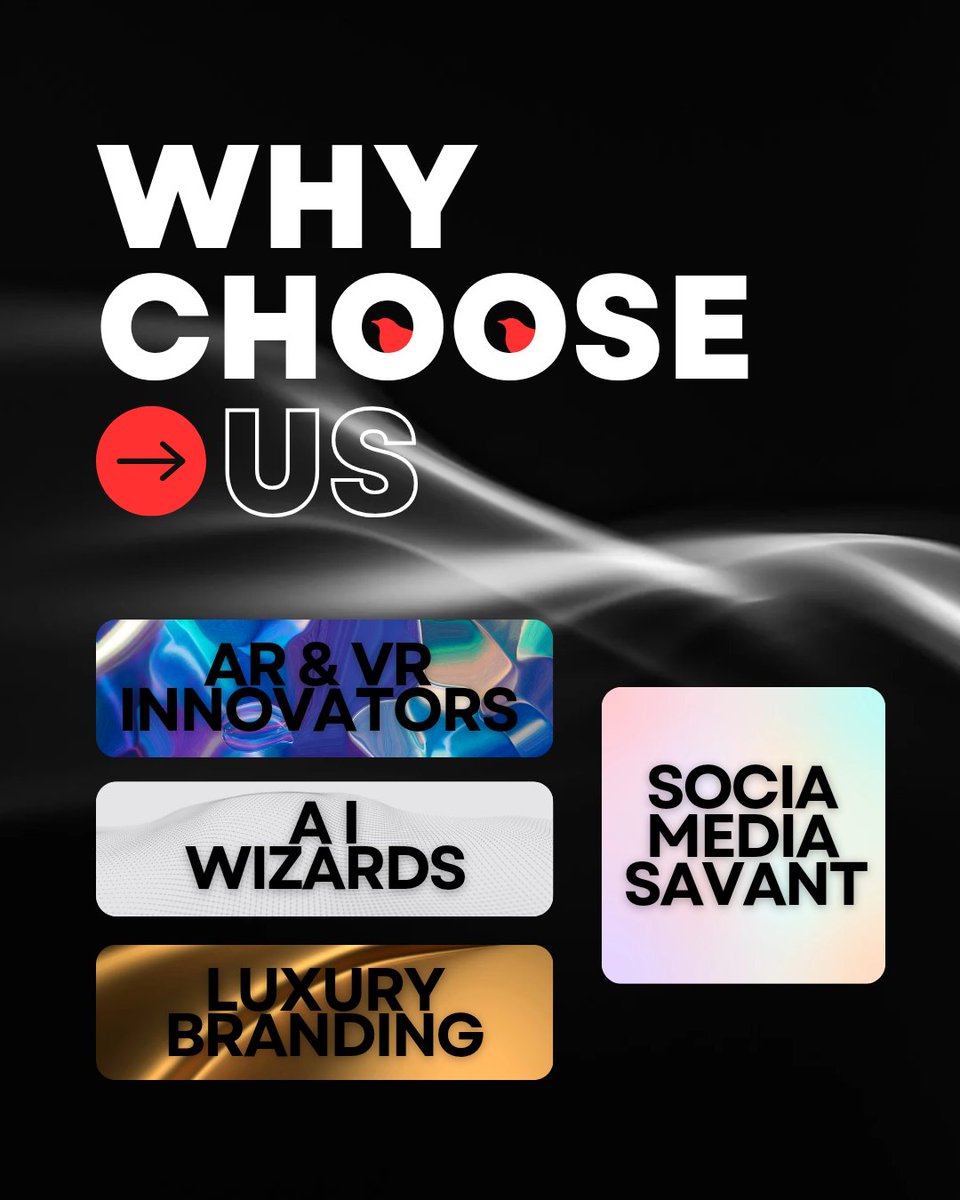 PendulinePixels's tweet photo. Why choose us???

Who are we?

- AR &amp; VR Innovators

- AI Wizards

- Luxury Branding

- Social Media Savants

#aiaugmentedagency 

#ai #aiagency #arandvr #aimarketing #branding #graphicdesign #marketing #ar #vr https://t.co/c6cnBnDvqx