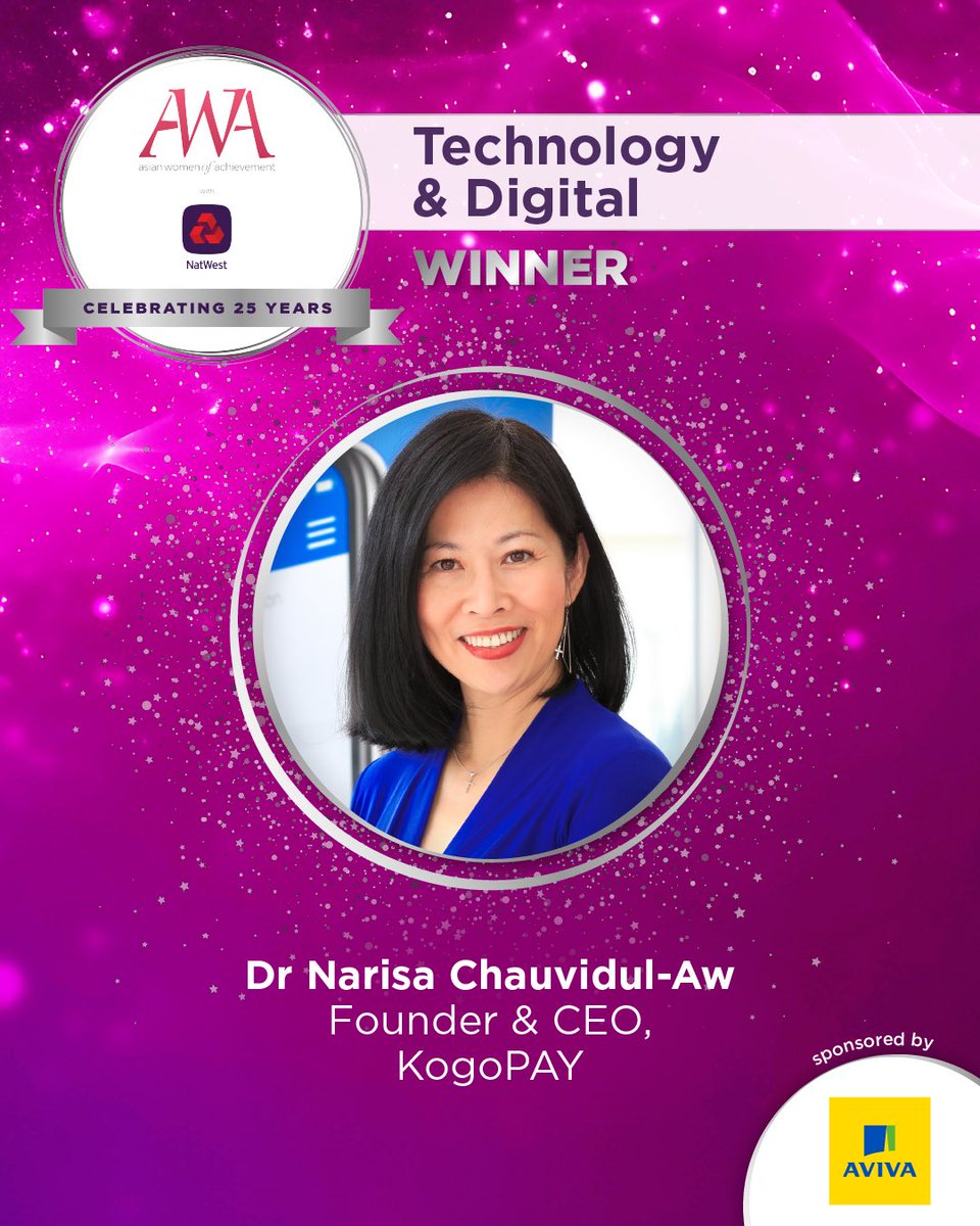 #AWA2024 Our next award is #Tech &amp; #Digital, sponsored by <a href="/avivauk/">Aviva UK</a>, and our winner is Dr Narisa Chauvidul-Aw, Founder &amp; CEO of <a href="/KogoPAY/">KogoPAY</a>. Her vision is amazing! 🙏🏼