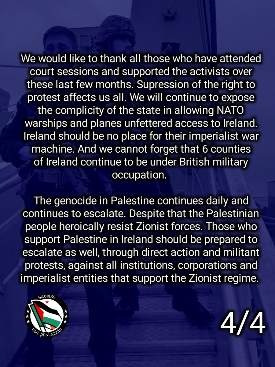 Today 3 SDP activists were found guilty of criminal trespass for protesting a British warship in Dublin Port. 

Full statement: