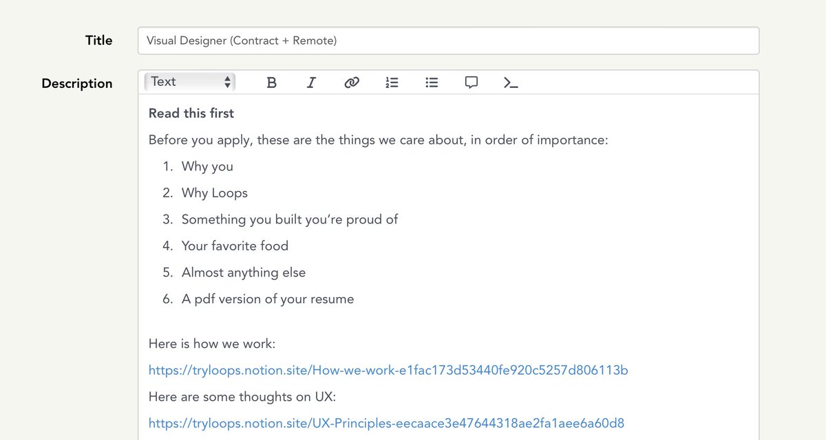 We are hiring a visual designer at Loops!

Help us design things, with visuals ✨ 

Async + remote, full time 

Also, please don't send us a pdf of your resume
