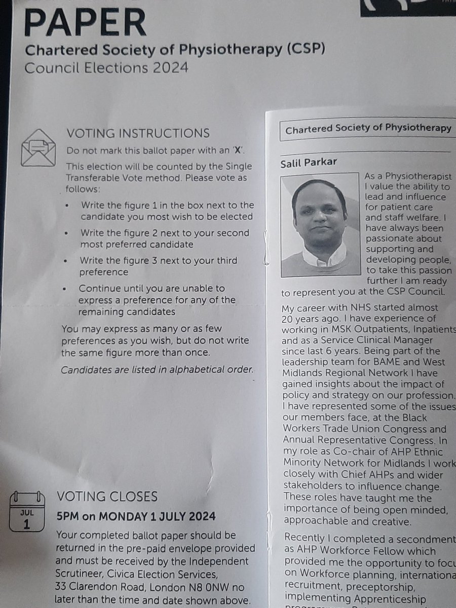 Salil Parkar (@salil_parkar) on Twitter photo CSP Council elections 2024
Dear CSP members you all should receive the ballot papers soon through the post. Please Look out for it. Don't delay cast your vote today . Salil for <a href="/thecsp/">Chartered Society of Physiotherapy (CSP)</a> CSP Council elections 2024
Dear CSP members you all should receive the ballot papers soon through the post. Please Look out for it. Don't delay cast your vote today . Salil for <a href="/thecsp/">Chartered Society of Physiotherapy (CSP)</a>