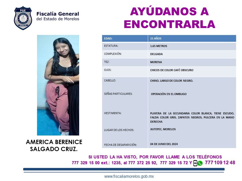 🔴 AYÚDANOS A LOCALIZARLA 🔴

América Berenice Salgado Cruz de 15 años de edad. #Jiutepec