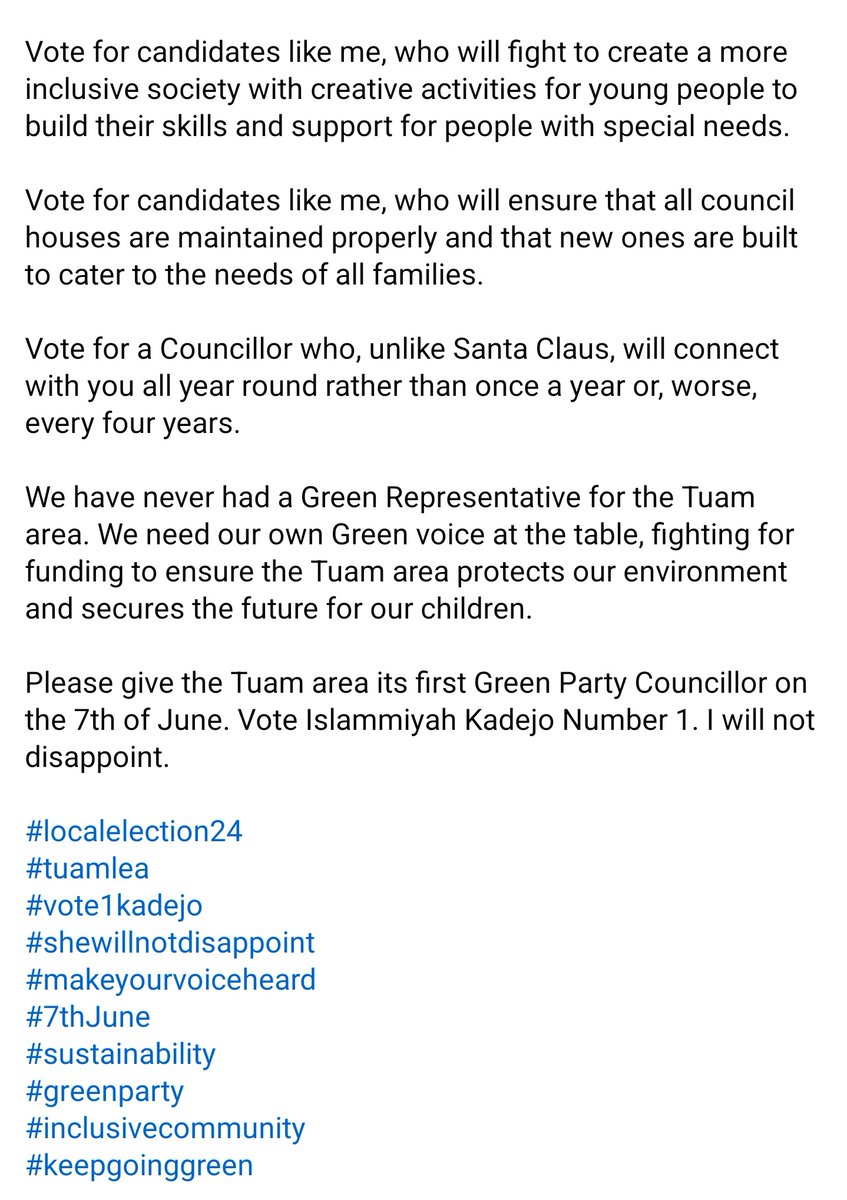 Islammiyah S. Kadejo Peace Commissioner (@the_islammiyah) on Twitter photo LE24 Campaign Concludes, Covering 36 Villages and Towns. Thank You Tuam Electoral Area!
I am delighted to conclude my canvassing for the 2024 local election today with my 'awe-mazing' team....
#localelection24 
#tuamlea
#vote1kadejo
#shewillnotdisappoint
#makeyourvoiceheard LE24 Campaign Concludes, Covering 36 Villages and Towns. Thank You Tuam Electoral Area!
I am delighted to conclude my canvassing for the 2024 local election today with my 'awe-mazing' team....
#localelection24 
#tuamlea
#vote1kadejo
#shewillnotdisappoint
#makeyourvoiceheard