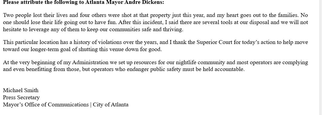 Mayor Andre Dickens issues statement on Elleven45 temporary restraining order.  <a href="/11AliveNews/">11Alive News</a>