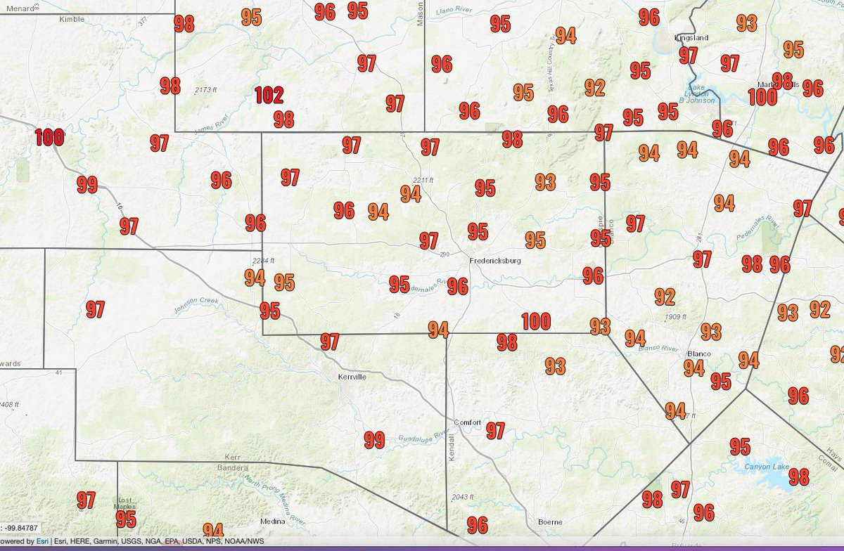 Kerrville, Fredericksburg, Junction, Blanco, Boerne area certainly hot with lots of middle to upper 90s and some triple digits too at 3 p.m.