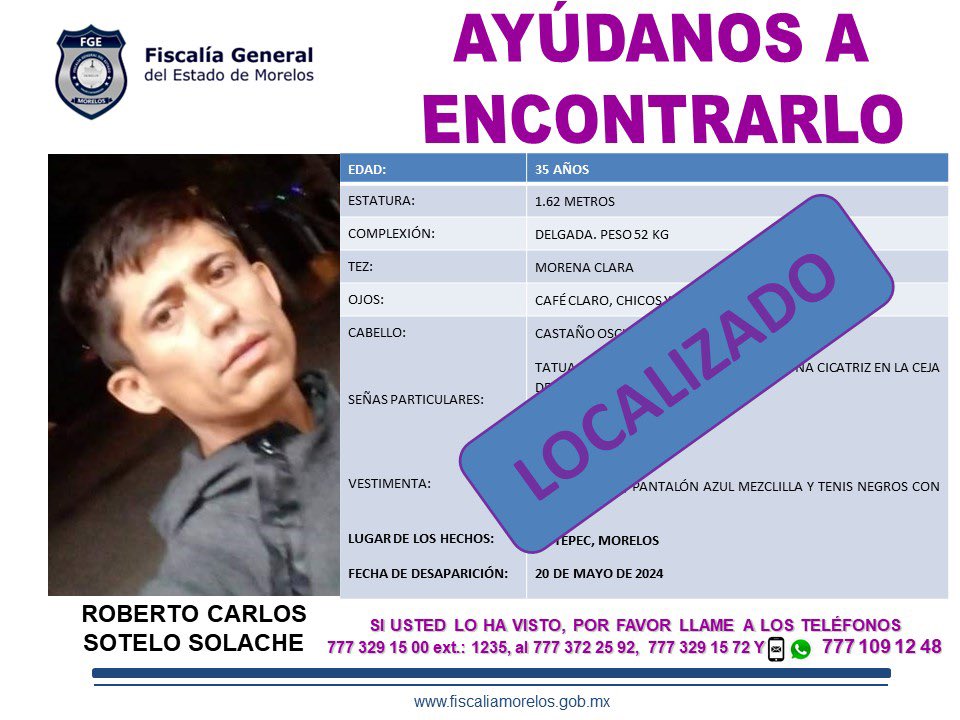 🔴 Ya fue encontrado, gracias por tu apoyo 🔴

Roberto Carlos Sotelo Solache. #Jiutepec