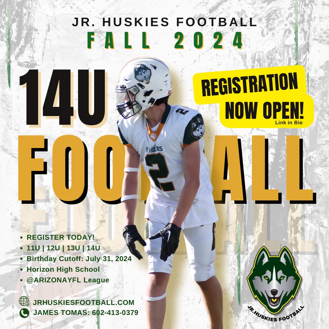 Jr. Huskies Football Fall 2024 Registration is NOW OPEN! 🔥🏈
The Junior Huskies is calling all young athletes to join our 11U, 12U, 13U and 14U teams. 📝Sign up TODAY as registrations are filling up fast! 
🫵Tag someone you know in the comments who would make a great Jr. Husky!